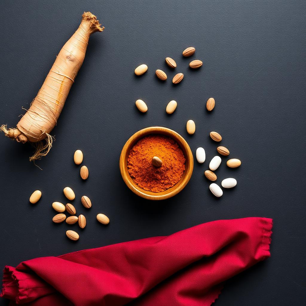 Natural supplement ingredients associated with men's vitality formulas — ginseng root, maca powder, amino-acid capsules and zinc