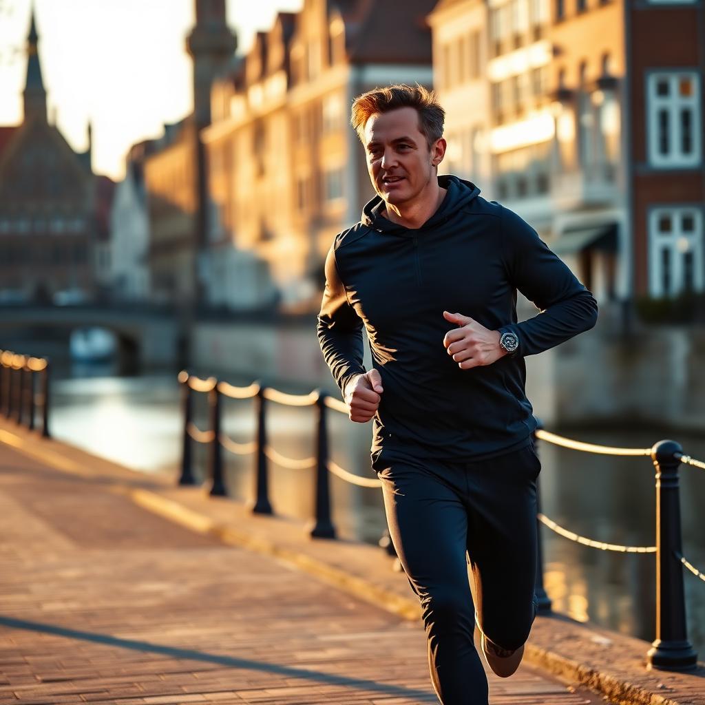 Man in his forties jogging at sunrise along a Belgian canal — an active lifestyle complements any vitality supplement routine